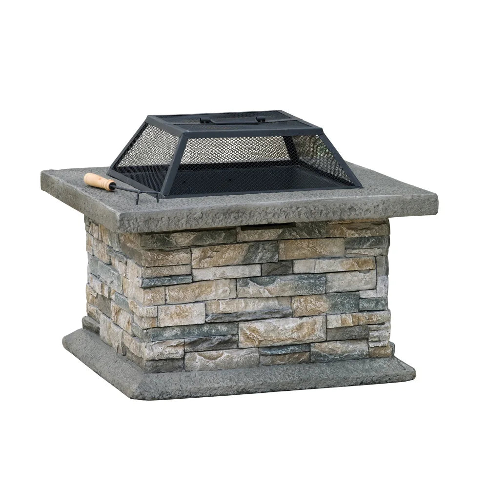 29x29 Inch Square MGO Fire Pit Fiberglass Reinforced Cement Outdoor Fire Table with Iron Shield for Patio and Backyard Entertaining
