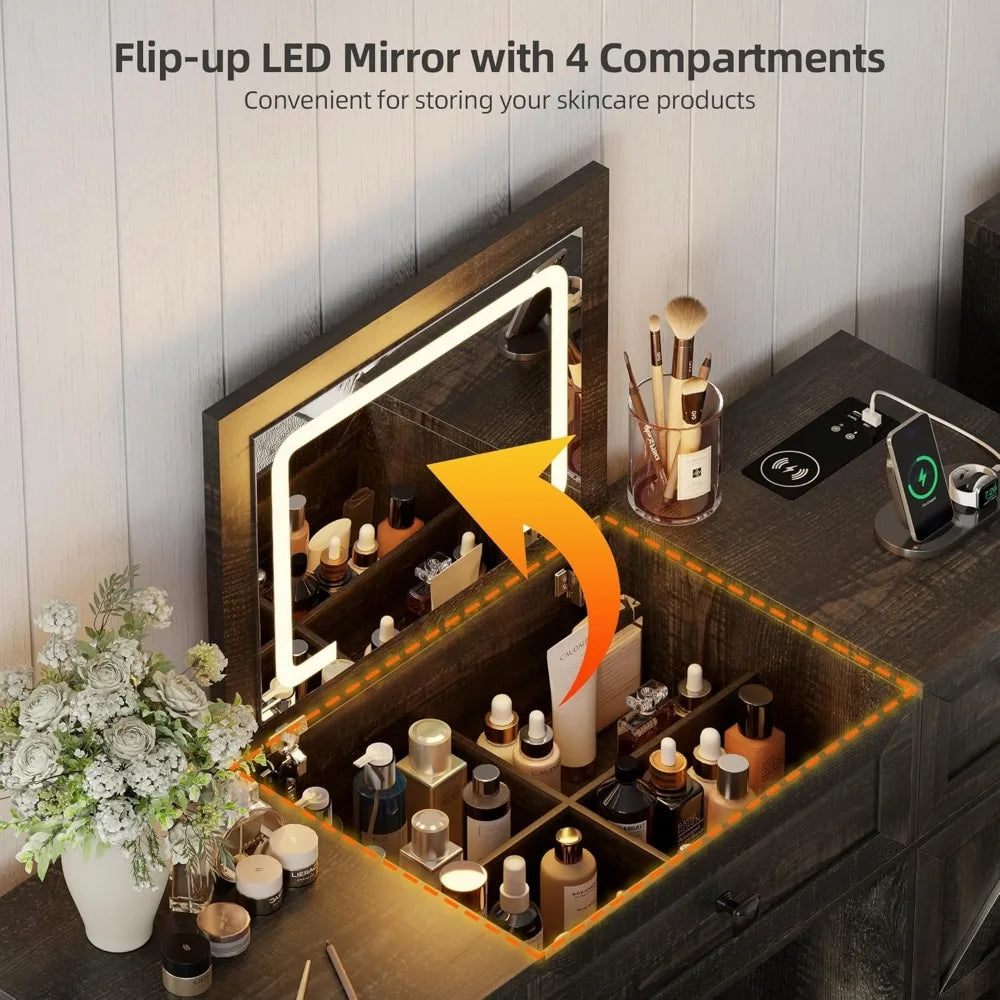 Farmhouse Vanity Desk with Flip Top Mirror and Lights Makeup Vanity Table with Adjustable Cabinets and Hidden Storage