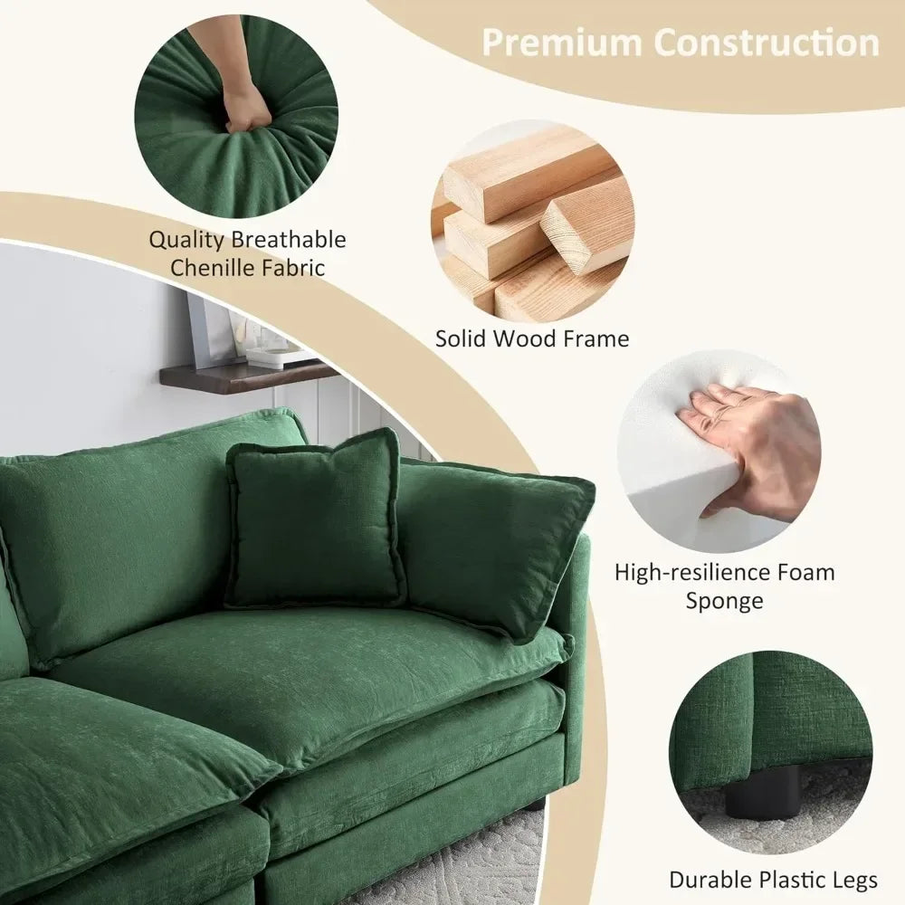 2 Piece Green Chenille Living Room Furniture Set Modern Luxury Sectional Loveseat and Sofa