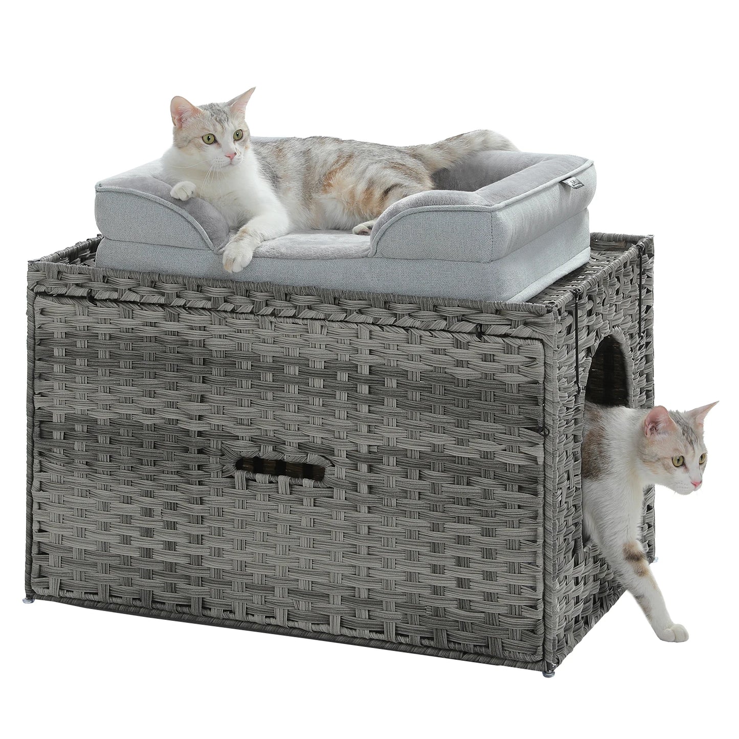 Rattan Cat Litter Box Enclosure Furniture with Door Handwoven Rattan Hidden Litter Box for Living Room Odor Control Cat House Bed