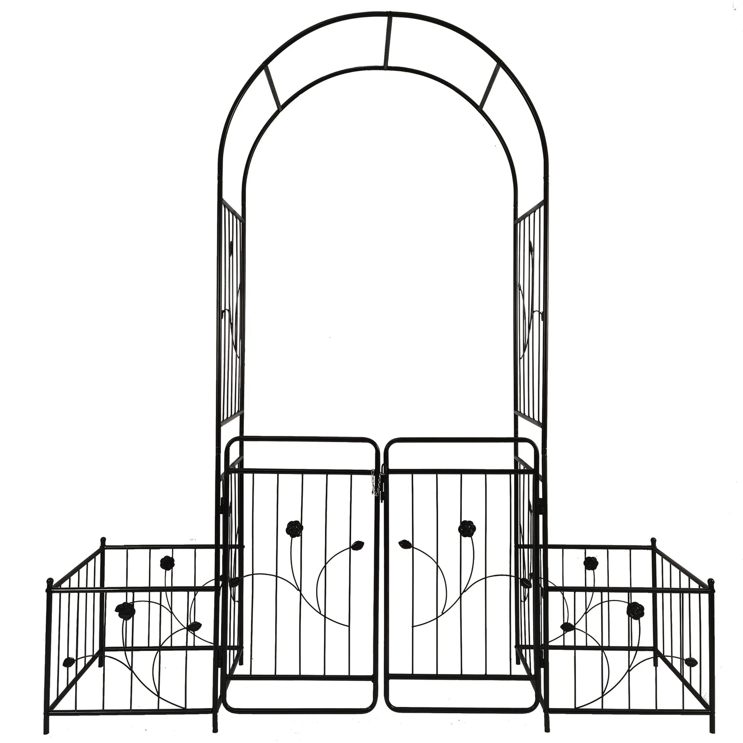 Metal Garden Arch with Gate 6.63 Feet Wide x 7.2 Feet High Climbing Plants Support Rose Arch Outdoor Black