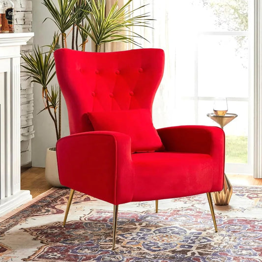 Velvet Accent Arm Chair Mid Century Modern Living Room Chair Wingback Bedroom Side Chair with Gold Legs and Pillow Button Tufted