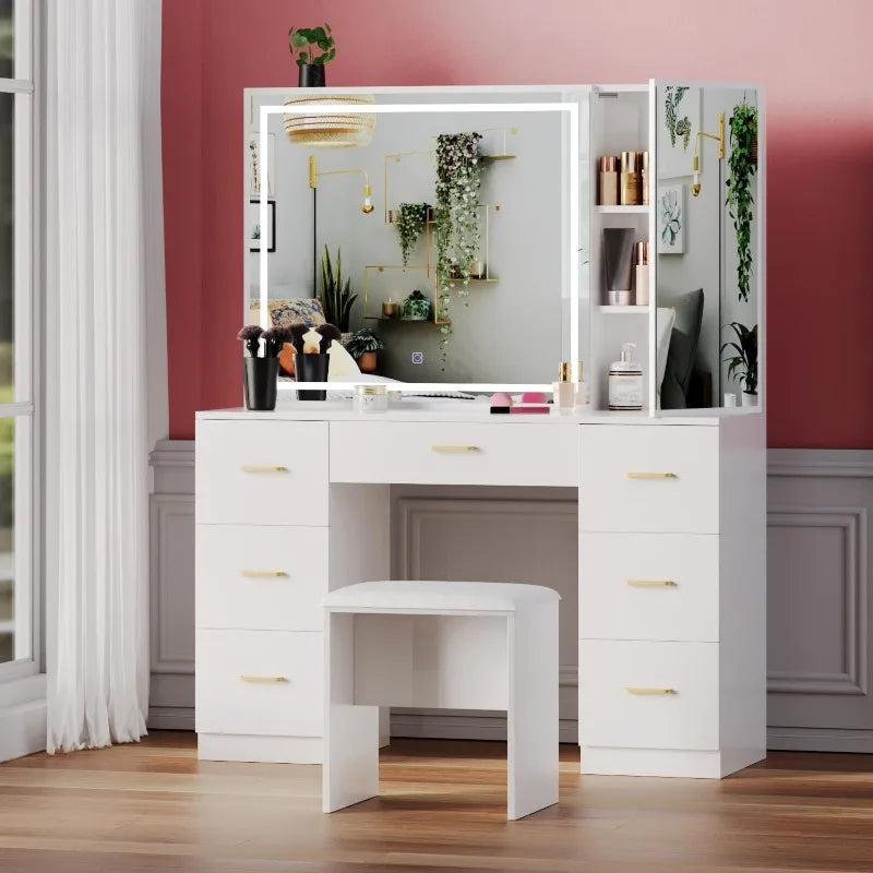 Large Lighted Vanity Desk with Stool and 7 Drawers Makeup Vanity Set Adjustable Brightness White Bedroom Furniture