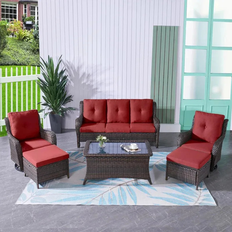 QWHumnuh 6 Pieces Outdoor Furniture Set PE Wicker Sofa with Swivel Rocking Chairs Ottomans and Coffee Table