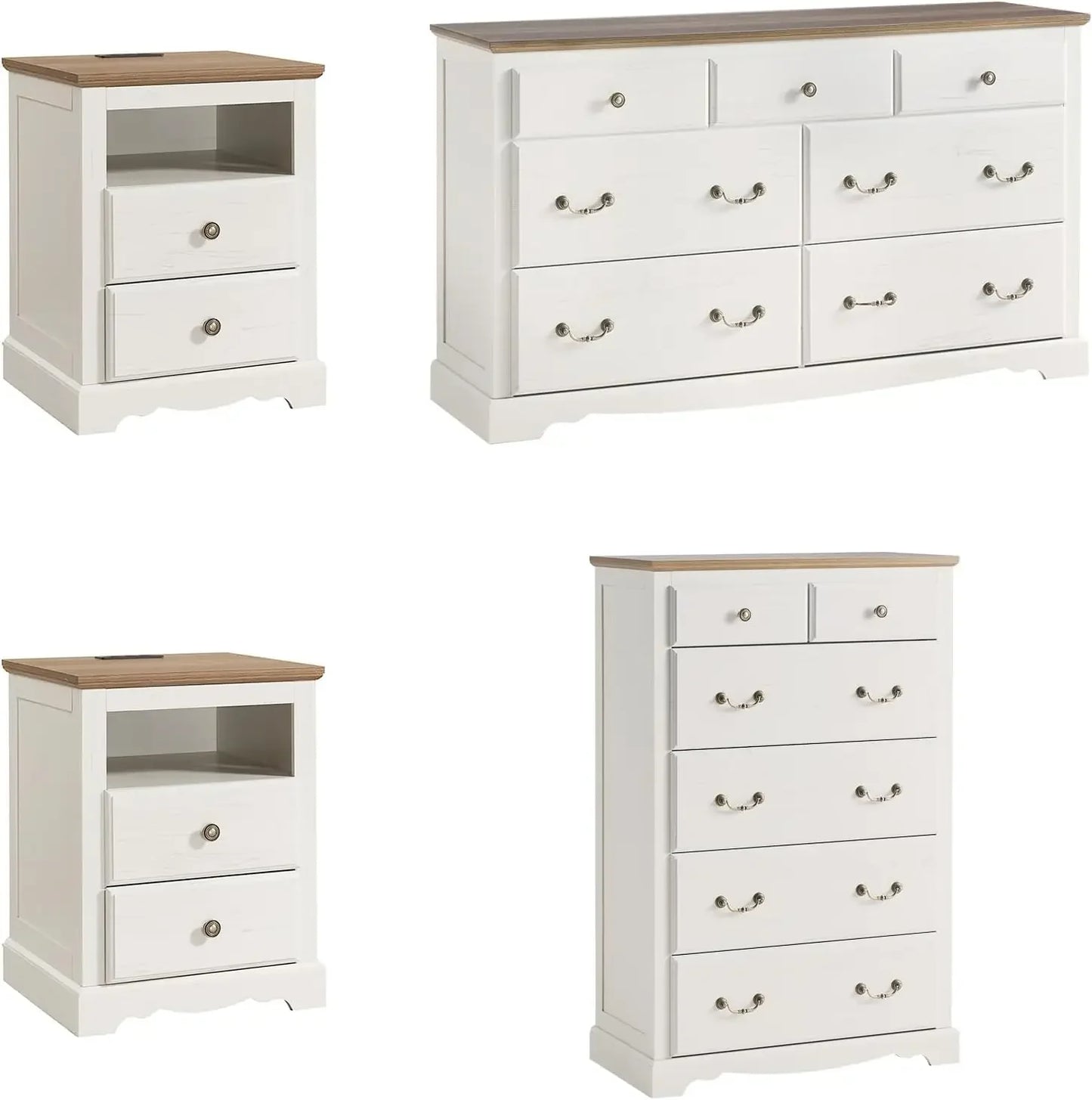 Farmhouse 4 Pieces Bedroom Set with 7 Drawers Dresser 6 Drawer Organizer and Two Nightstands with Charging Station