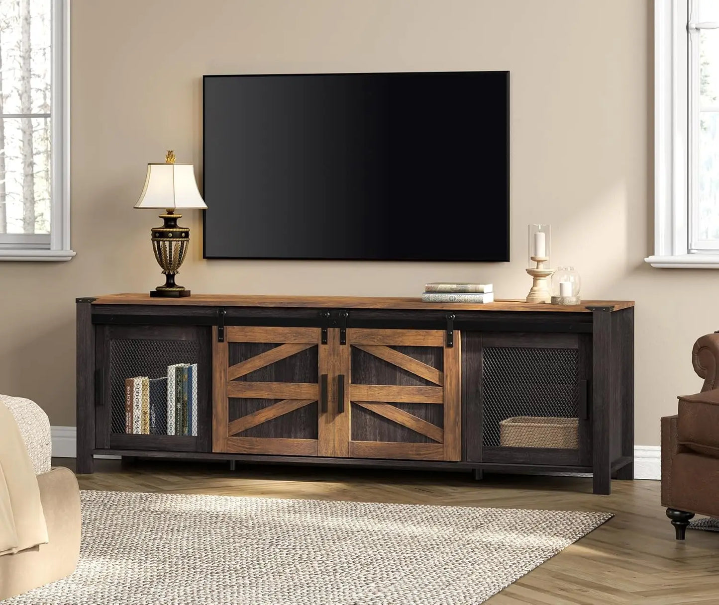 Farmhouse TV Stand for 75 inch TV, 70" Wood Sliding Barn Door Media TV Console Table with Storage Shelf, Entertainment Center