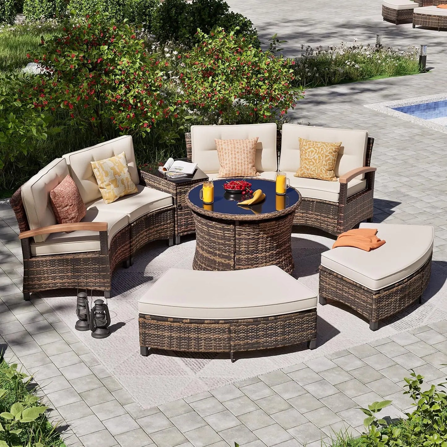 Multi Piece Outdoor Patio Furniture Sets Half Moon Curving Rattan Sofa Conversation Set