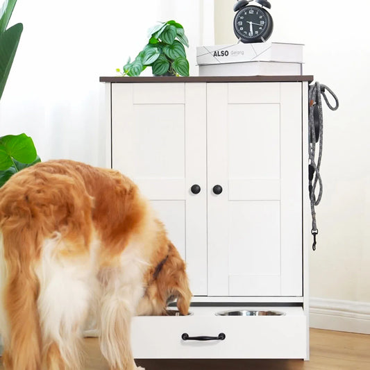 Pet Feeding Station Food Storage Cabinet with Hidden Detachable Stainless Steel Dog Bowls and Hooks for Medium Sized Dogs