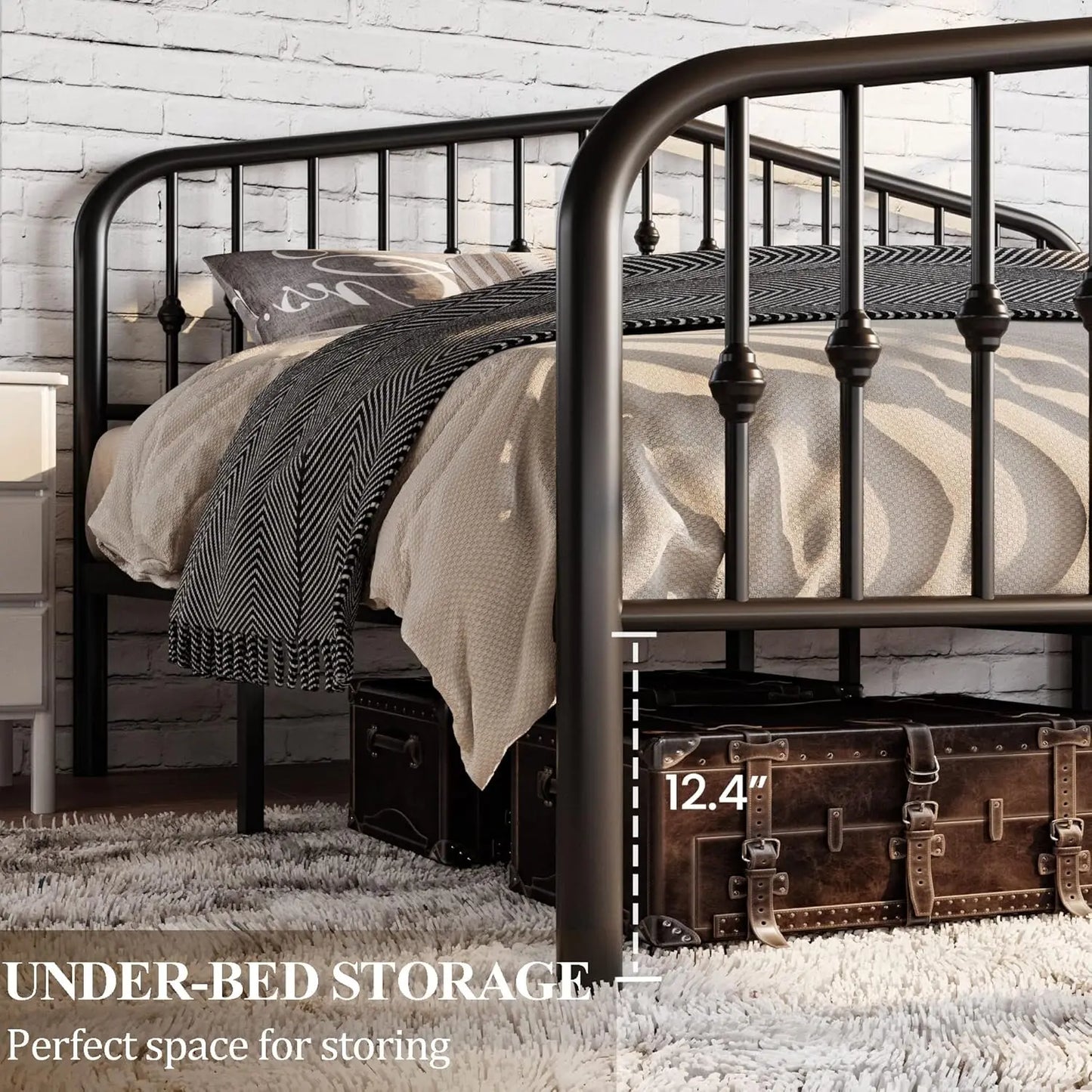 Queen Size Metal Platform Bed Frame with Victorian Style Wrought Iron Headboard and Footboard No Box Spring Required Black