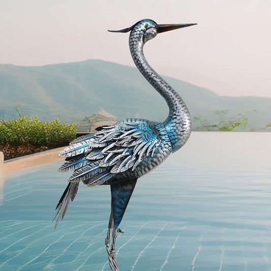 Elegant Blue Heron Metal Garden Statue 40 Inch Sturdy Outdoor Crane Sculpture for Patio and Lawn Decor