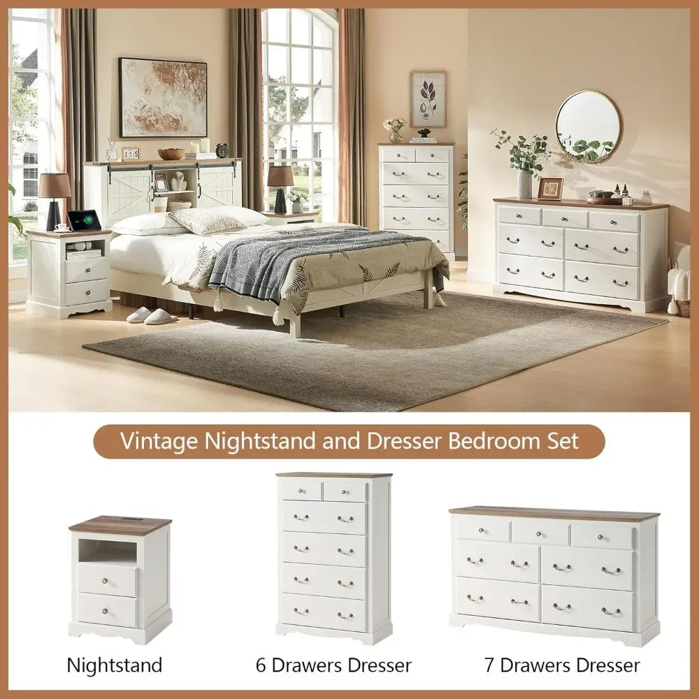 Farmhouse 4 Pieces Bedroom Set with 7 Drawers Dresser 6 Drawer Organizer and Two Nightstands with Charging Station