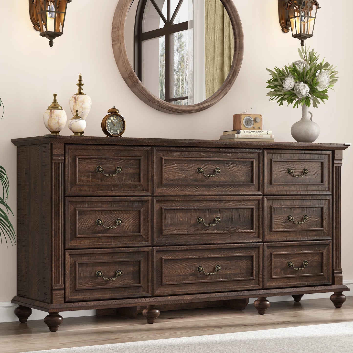 Farmhouse 9 Drawer Dresser for Bedroom with 6 Gourd Feet and Roman Column Decor 63 Inch Wide Wood Country Rustic Chest of Drawers