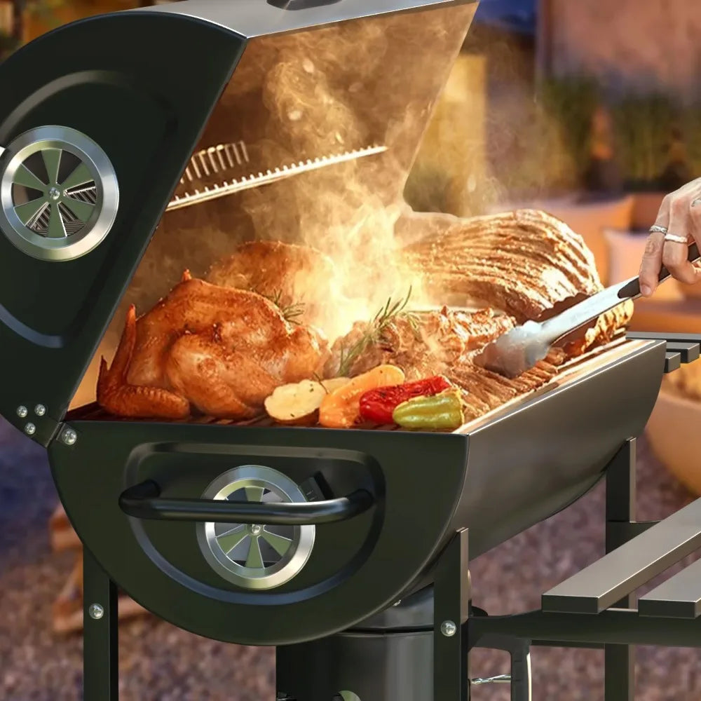 29 Inch Barrel Outdoor Charcoal Grill with Side Shelf and Wheels Black Generous Cooking Space