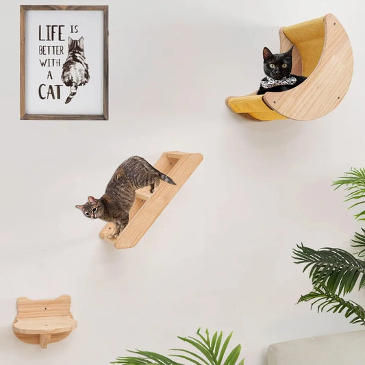 Cat Shelf Wall Hammock Climbing Shelves Solid Wood Cat Steps Indoor Activity Furniture 3pcs Set