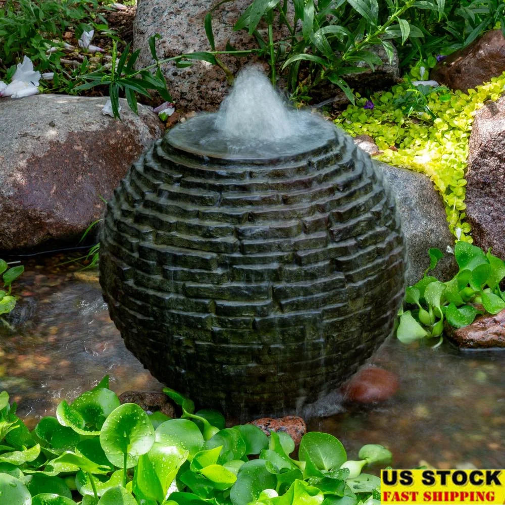 Stacked Sphere Outdoor Fountain Water Feature Garden Installation Lightweight Composite Realistic Look Fire Element Add On Kit