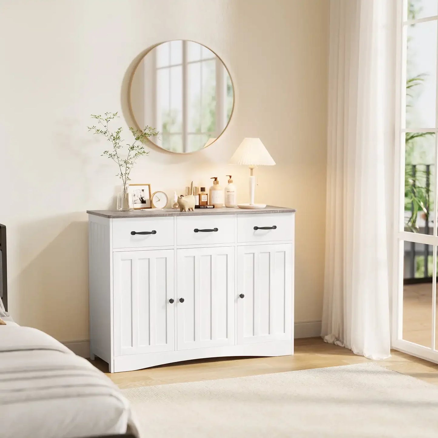 42 Inch Kitchen Storage Cabinet Wood Buffet Sideboard with 3 Doors and 3 Drawers Gray Countertop