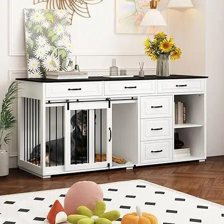 Extra Large Furniture Style Dog Crate with Drawers and Shelves 67 Inch Luxury Wooden Heavy Duty Single Room Dog Kennel Furniture