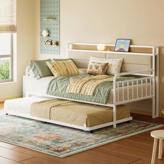 Daybed With Trundle Sturdy Metal Twin Bed Frame Upholstered Headboard Charging Station For Living Room Bedroom