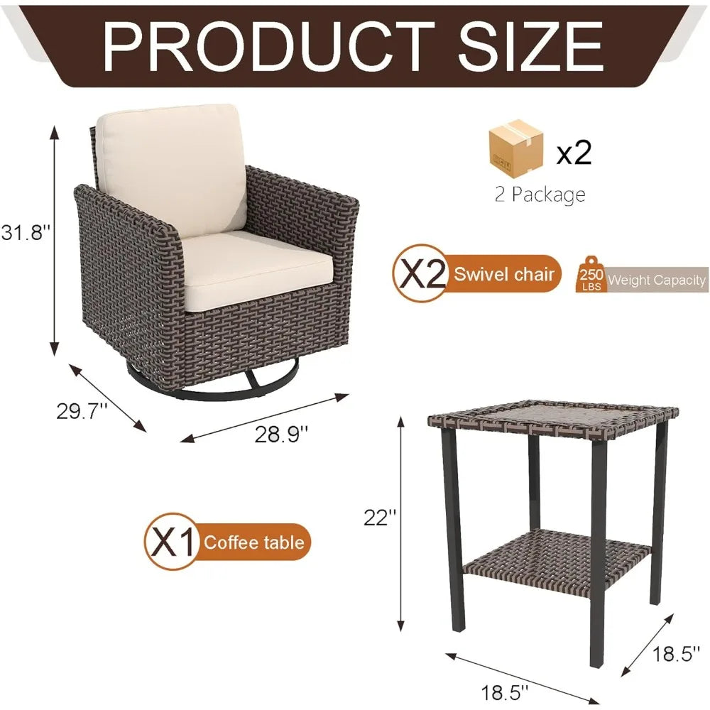 3 Pieces Patio Furniture Set with 2 High Back Rattan Swivel Chairs and Side Table Outdoor PE Wicker All Weather Modern Design