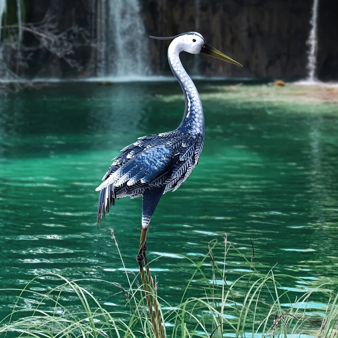 Blue Metal Crane Sculpture Elegant Outdoor Garden Decor Weather Resistant Heron Statue for Patio Lawn and Backyard