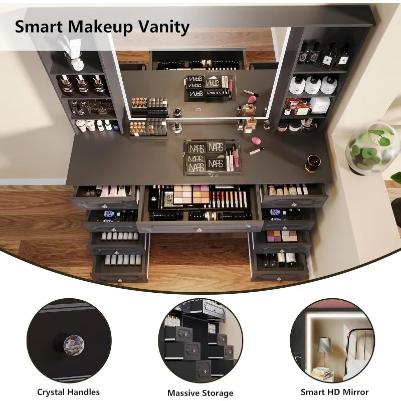 Black X-Large Makeup Vanity with LED Lighted Mirror and 9 Drawers Storage Shelf 47 Inch Dressing Table