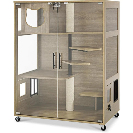 Wooden Cat House with Scratching Posts Luxury Large Cat Condo with Lockable Wheels Indoor Kitten Cage with Escape Door