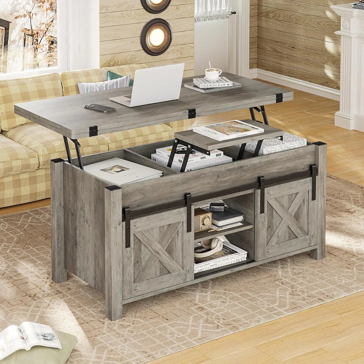 Lift Top Coffee Table, 4 in 1 Multi-Function Convertible Coffee Tables with Storage and Hidden Compartment, Farmhouse Coffee
