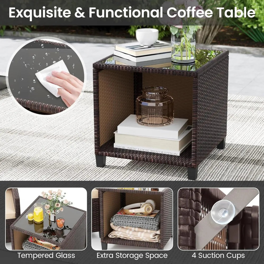 3 Piece Patio Furniture Set Outdoor Conversation Set with Washable Cushions and Storage Table PE Rattan Wicker Bistro Set