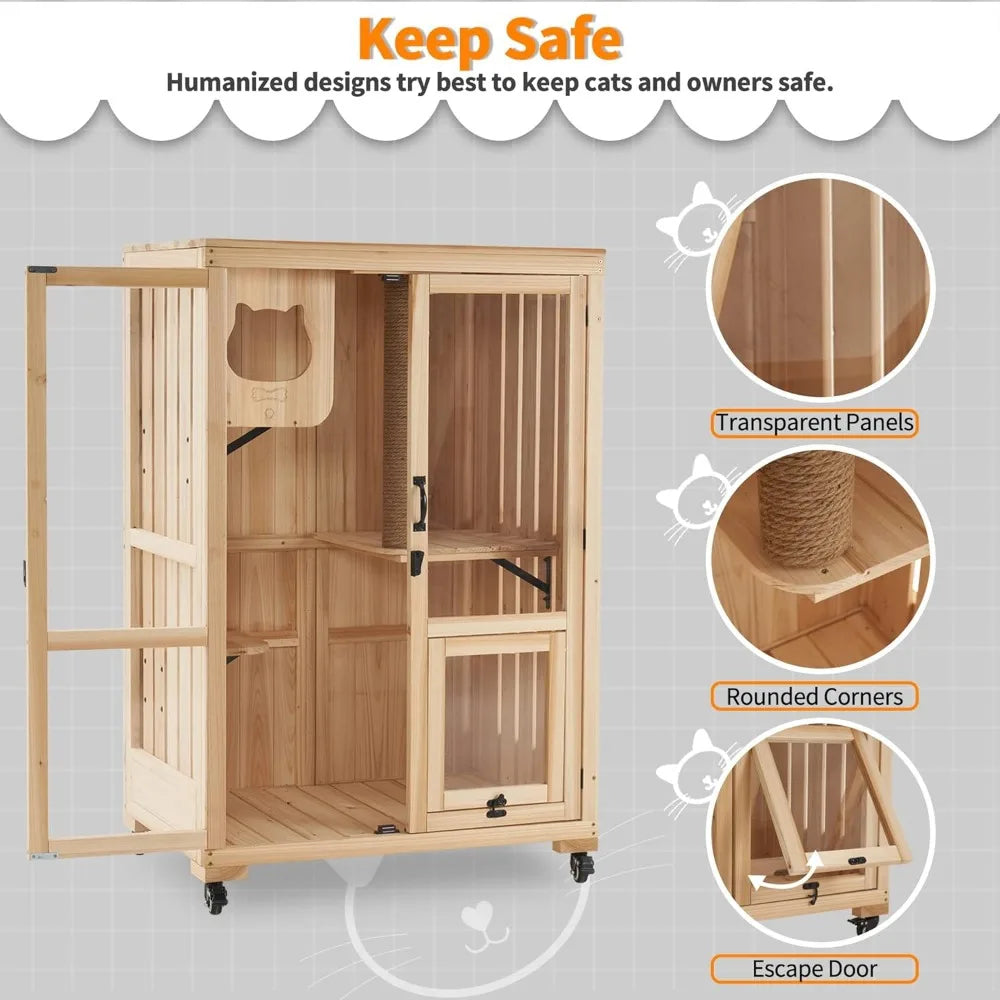 Luxury Cat House with Scratching Post Wooden Multi Feature Large Cat Condo with Escape Door and Wheels Kitten Cages with Shelves