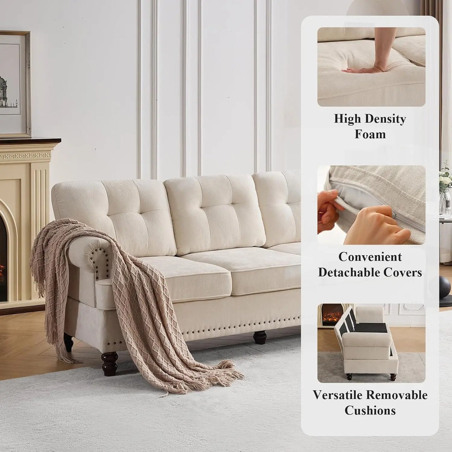 Tufted Sofa Set for Living Room with 3 Seater Couch Loveseat Sofa and Living Room Chairs in Beige with Rivets Rolled Arms and Solid Wood Legs
