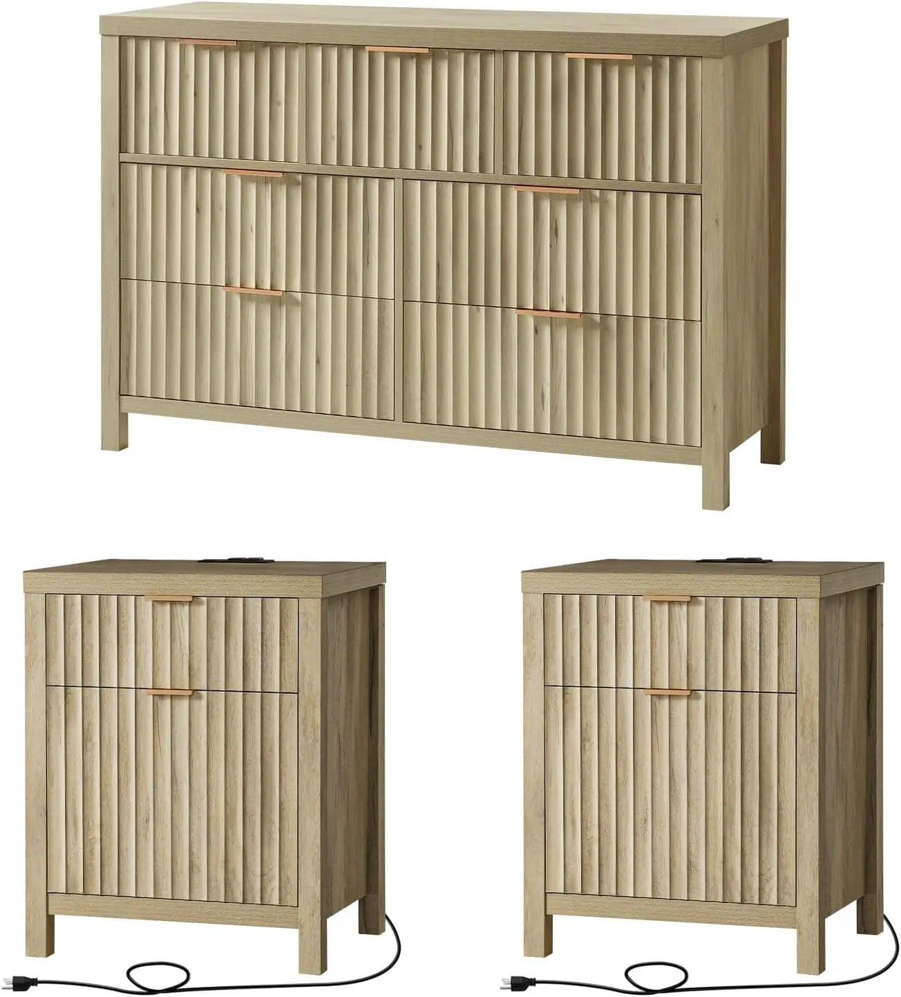3 Pieces Fluted 7 Drawer Dresser and Nightstand Set with Charging Station Modern Bedroom Furniture Set