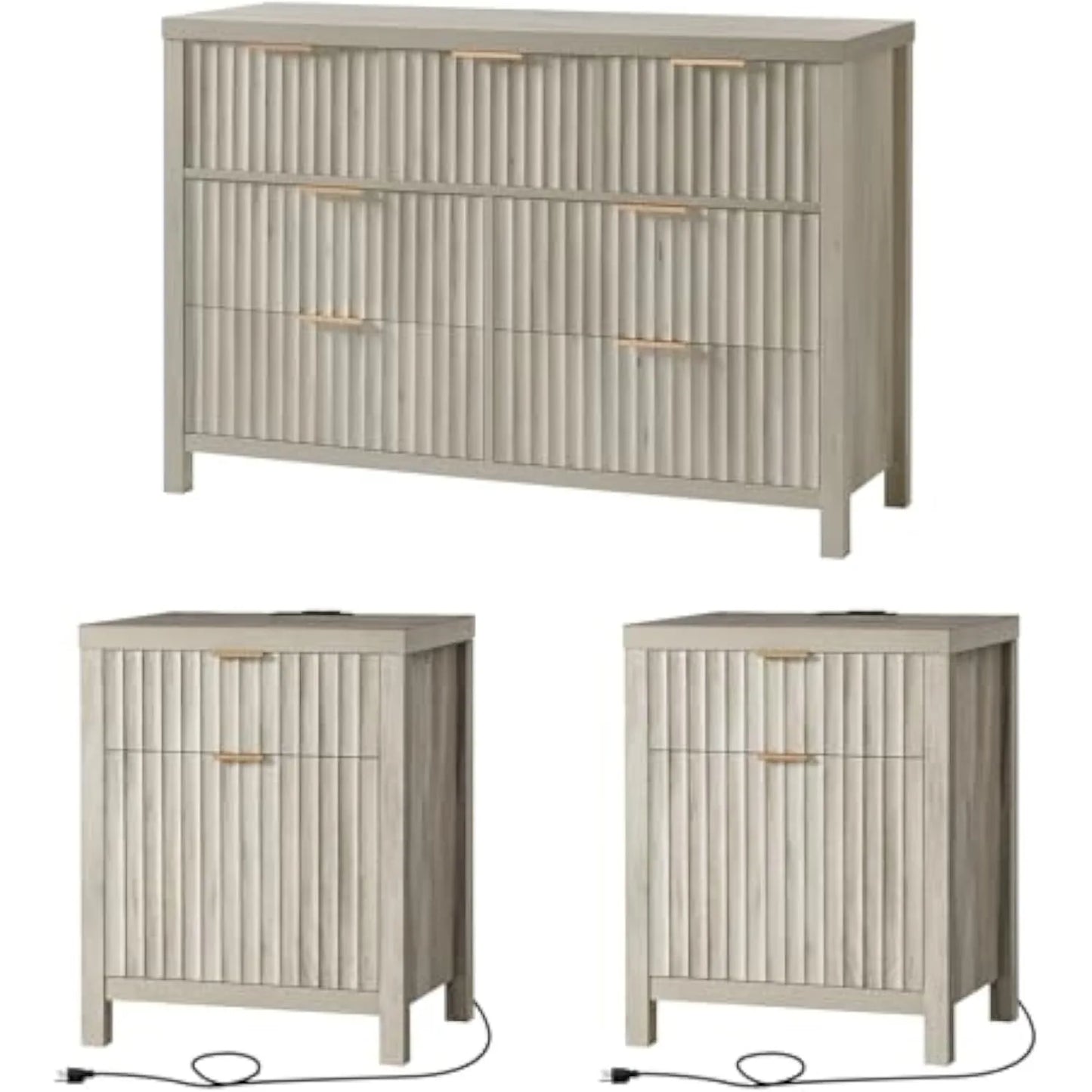 3 Pieces Fluted 7 Drawer Dresser and Nightstand Set with Charging Station Modern Bedroom Furniture Set
