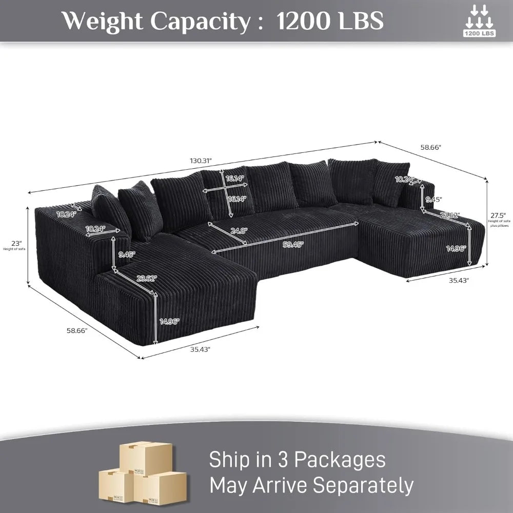 131 Inch Modular Sectional Couch Luxury Black Sectional Couches for Living Room Comfy Corduroy Sofa with Chaise Lounge