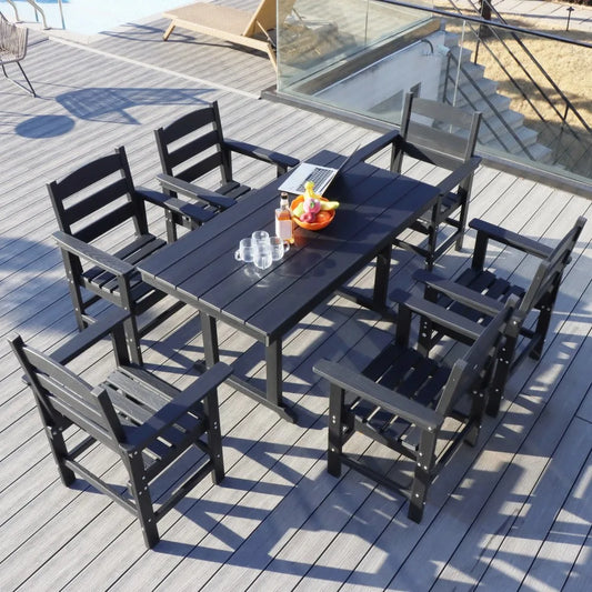 7 Piece HDPE Patio Outdoor Furniture Set for 6 with 51 Inch Dining Table and Chairs
