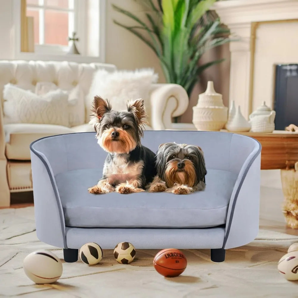 27 Inch Pet Sofa Bed for Small Dogs and Cats with Soft Cushion Removable Cover Anti Slip Pads Gray