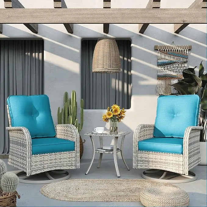 Patio Outdoor Rocking Swivel Chair Wicker Rattan Bistro Set with Tempered Glass Side Table Outdoor Furniture Set