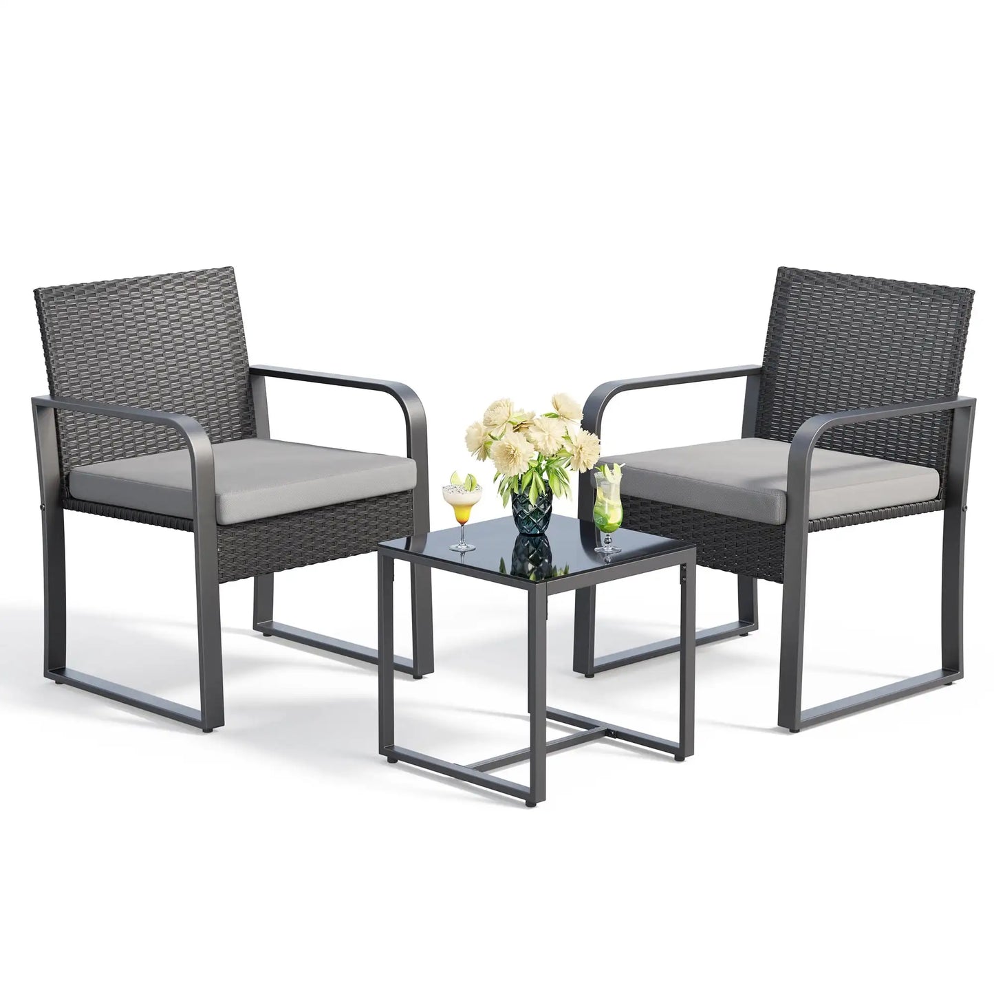 3 Piece Patio Chair Set with Glass Coffee Table Outdoor Rattan Furniture for Garden Porch Bistro Yard Gray Cushion