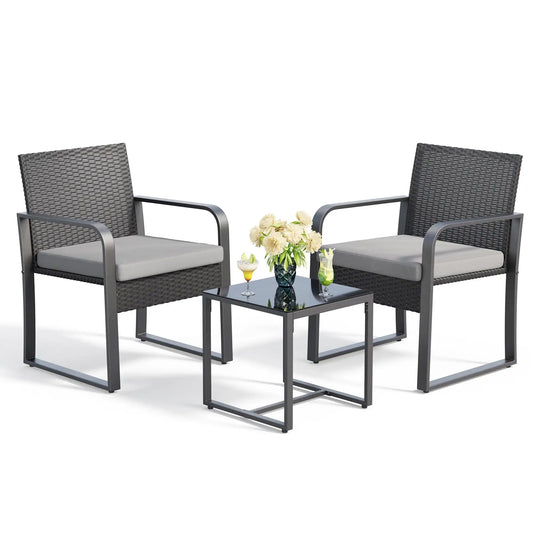 3 Piece Patio Chair Set with Glass Coffee Table Outdoor Rattan Furniture for Garden Porch Bistro Yard Gray Cushion