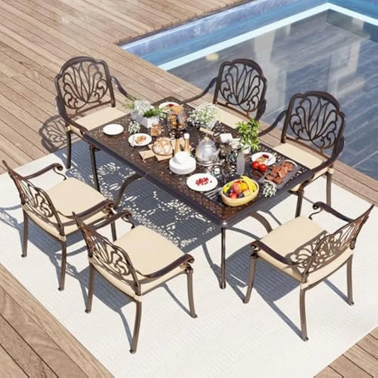 Aluminum Outdoor Dining Set of 6 Retro Patio Dining Table Set with 59 Inch Rectangular Table and Chairs