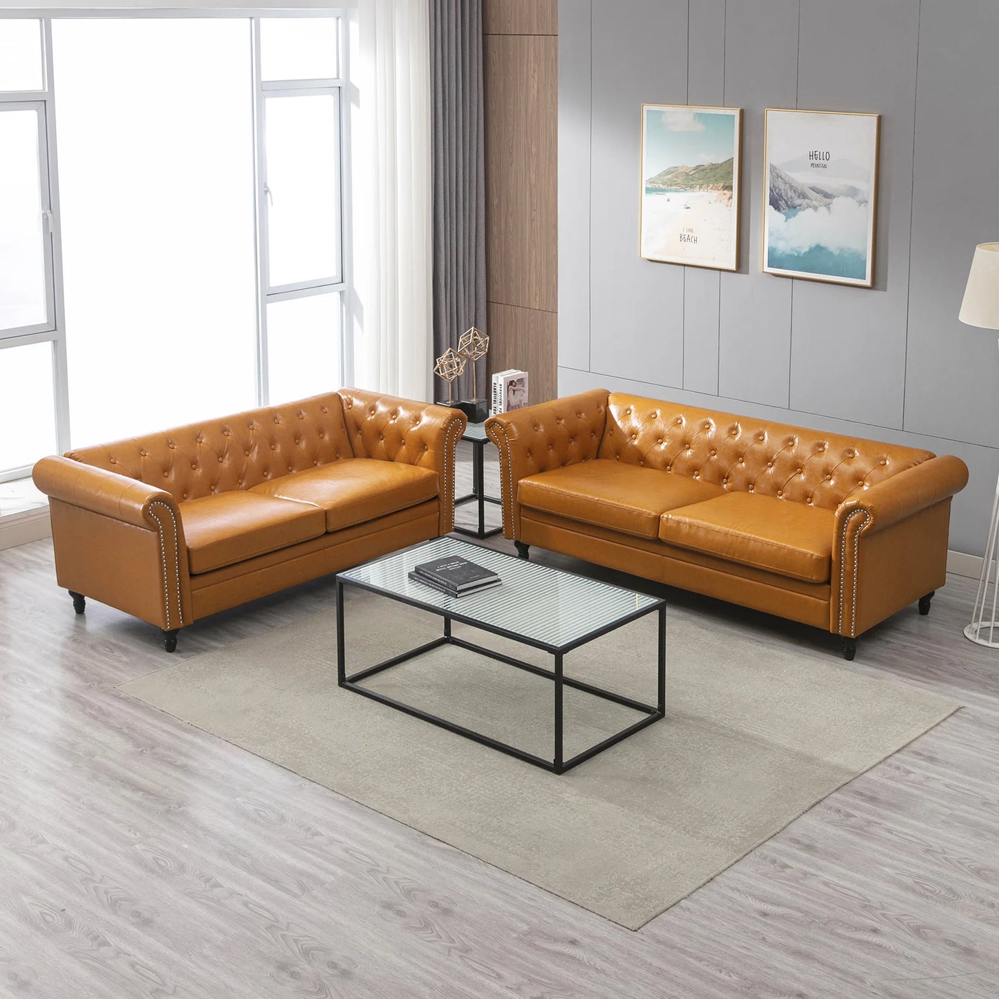 Horgaeo Button Upholstered Velvet Sofa Classic Chesterfield Tufted Camel Back Furniture Set