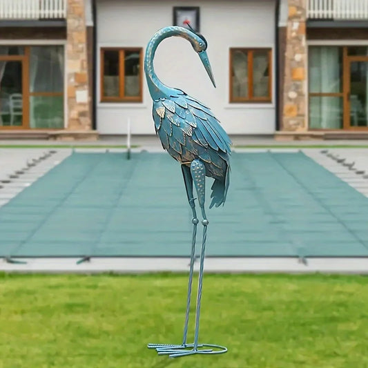 Standing Garden Crane Statue for Outdoor Metal Bird Sculpture Art for Backyard Patio Lawn Yard Decoration Cyan