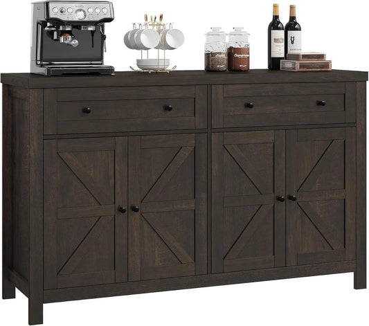 55" Buffet Sideboard Cabinet with Storage, Modern Farmhouse Coffee Bar Cabinet with Drawers and Shelves, Barn Doors Storage