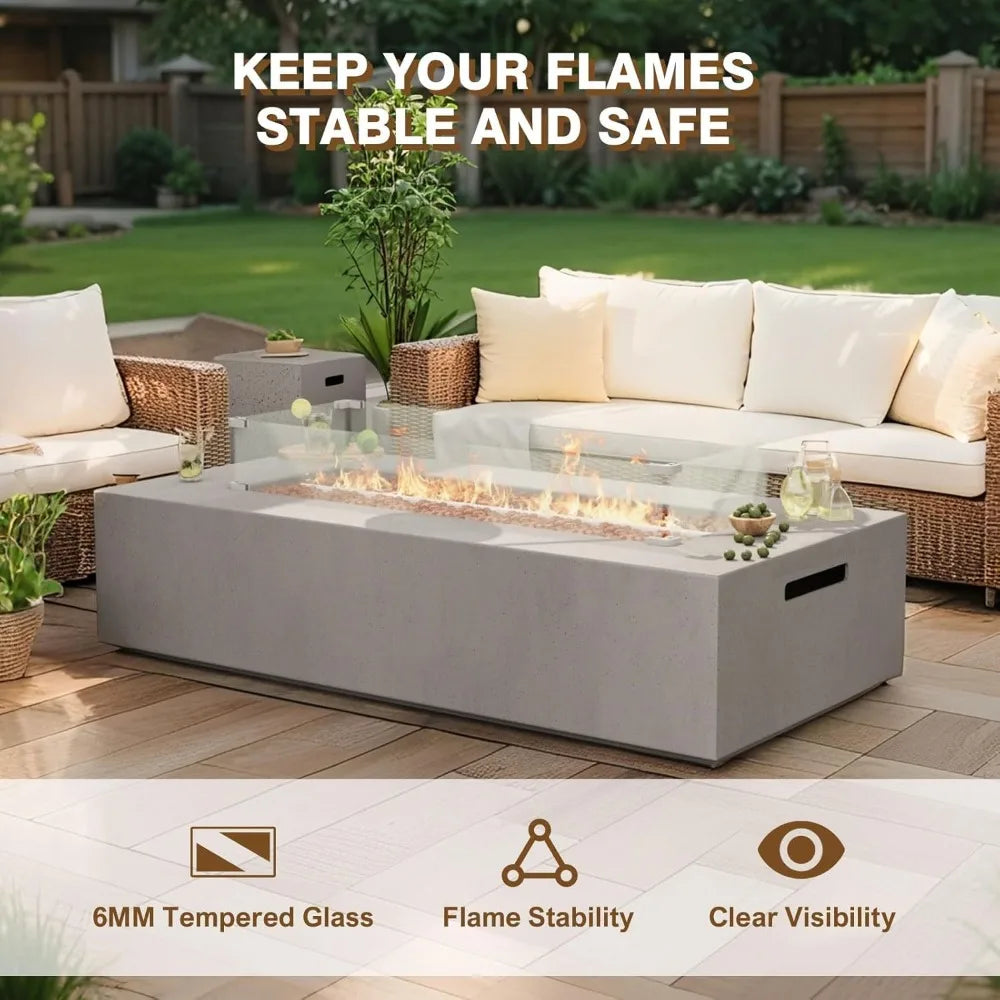 3 Piece Propane Fire Pit Table Set with Tank Table and Glass Wind Guard 56 Inch Outdoor Gas Fire Table 50000 BTU Modern Rectangle Fire Pit