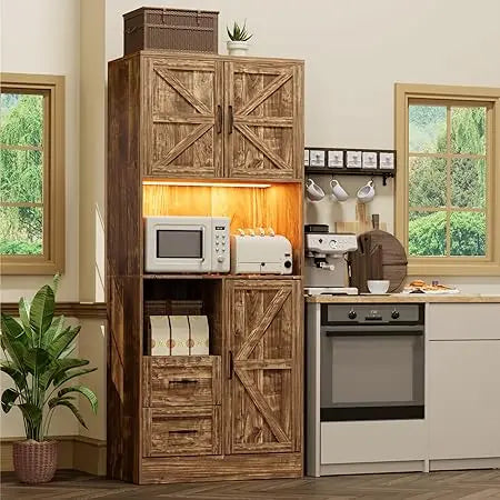 Kitchen Pantry Storage Cabinet with LED Lights and Power Strip Tall Farmhouse Kitchen Pantry with Barn Doors and Drawers