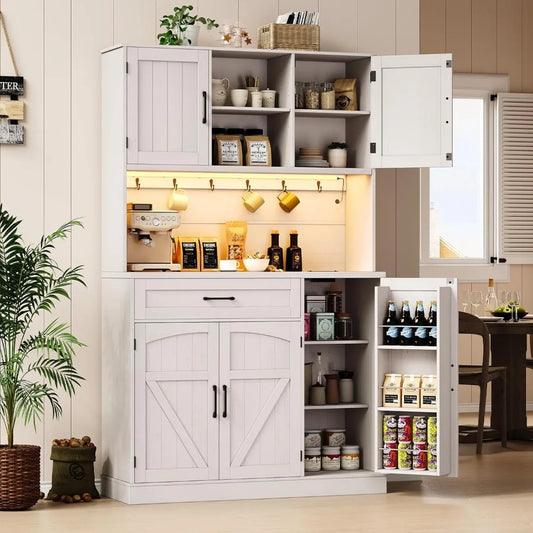 71 Inch Pantry Cabinet Kitchen Storage Cabinet with LED Light and Outlet Microwave Shelf and 6 Hooks