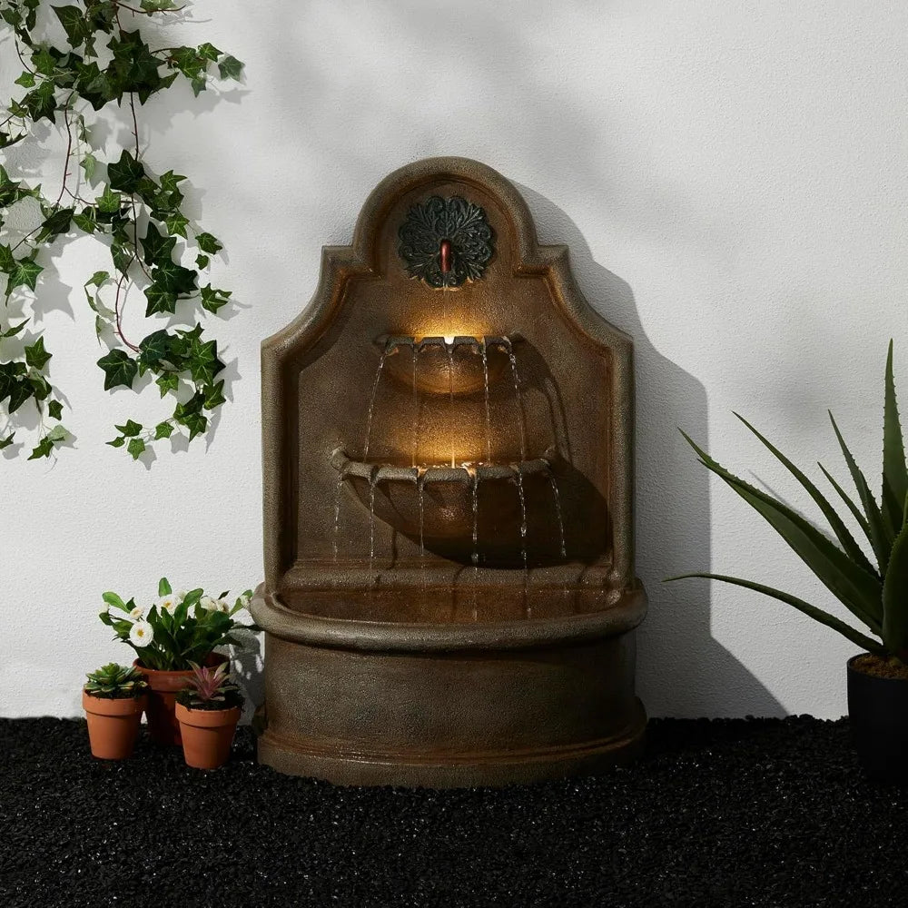 Outdoor Wall Mounted Water Fountain With LED Lights And Pump Oversized Antique European Style 3 Tier Polyresin Cascade