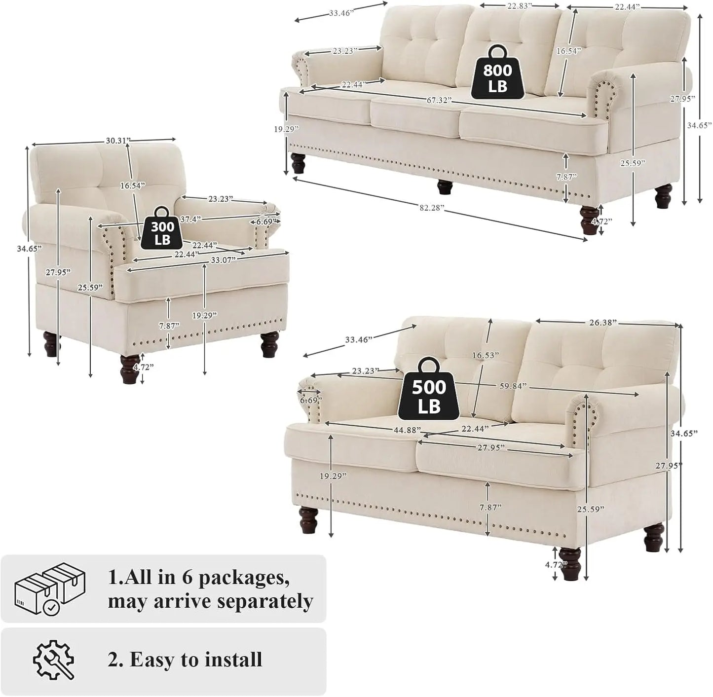 Tufted Sofa Set for Living Room with 3 Seater Couch Loveseat Sofa and Living Room Chairs in Beige with Rivets Rolled Arms and Solid Wood Legs