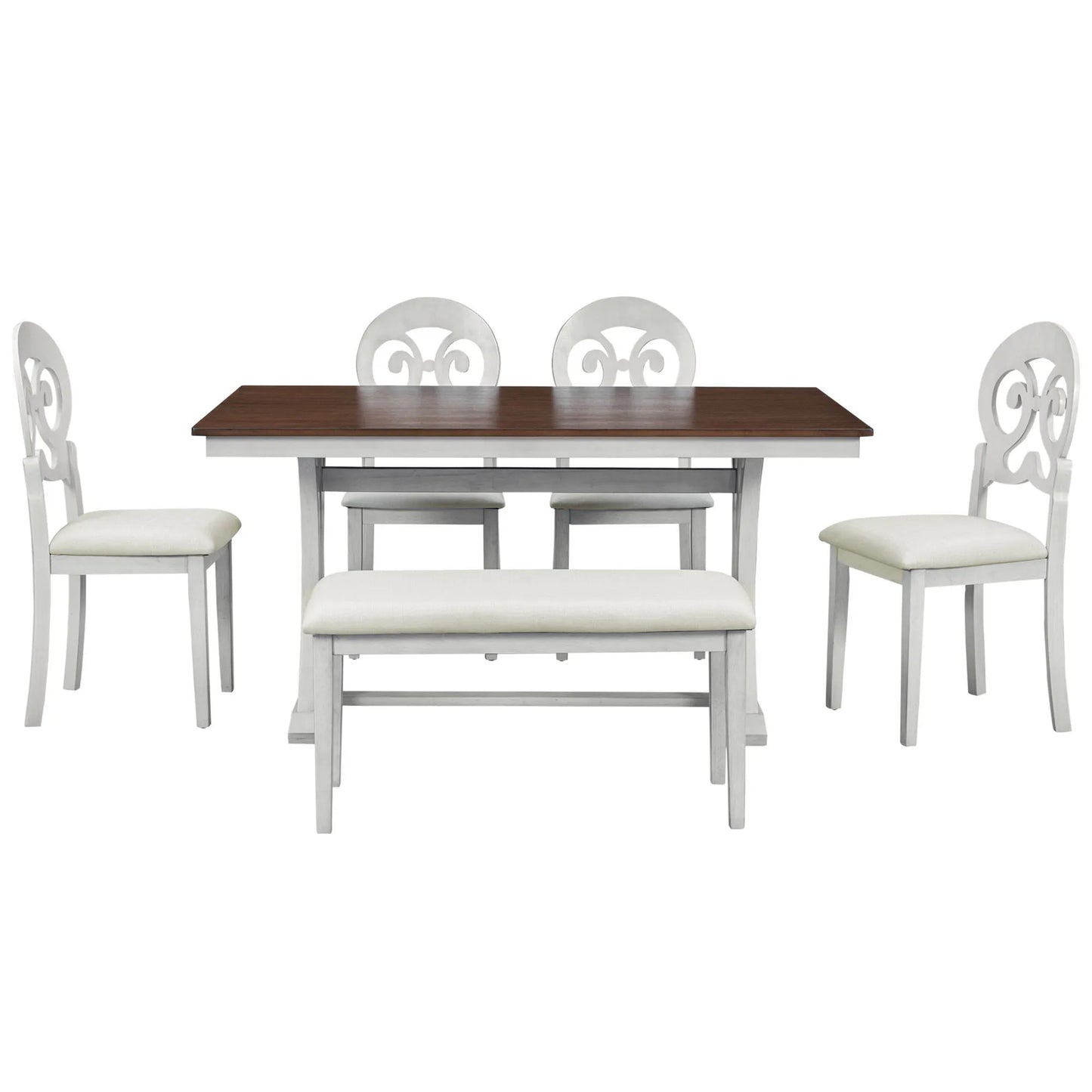 TOPMAX Mid Century 6 Piece Trestle Table Set with Victorian Round Upholstered Dining Chairs and Long Bench
