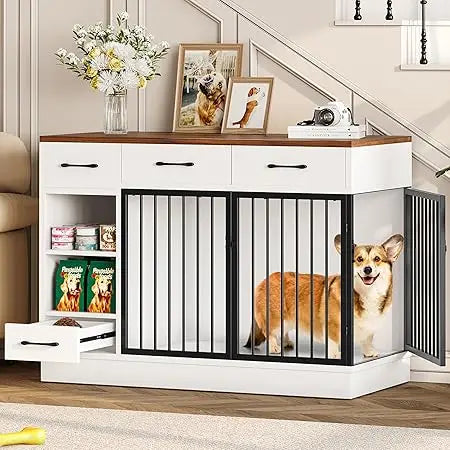 Luck Large Dog Crate Furniture 47.2 Inch Dog Kennel Indoor with 3 Storage Drawers and Hidden Feeding Bowl Sturdy Wooden Dog Crate