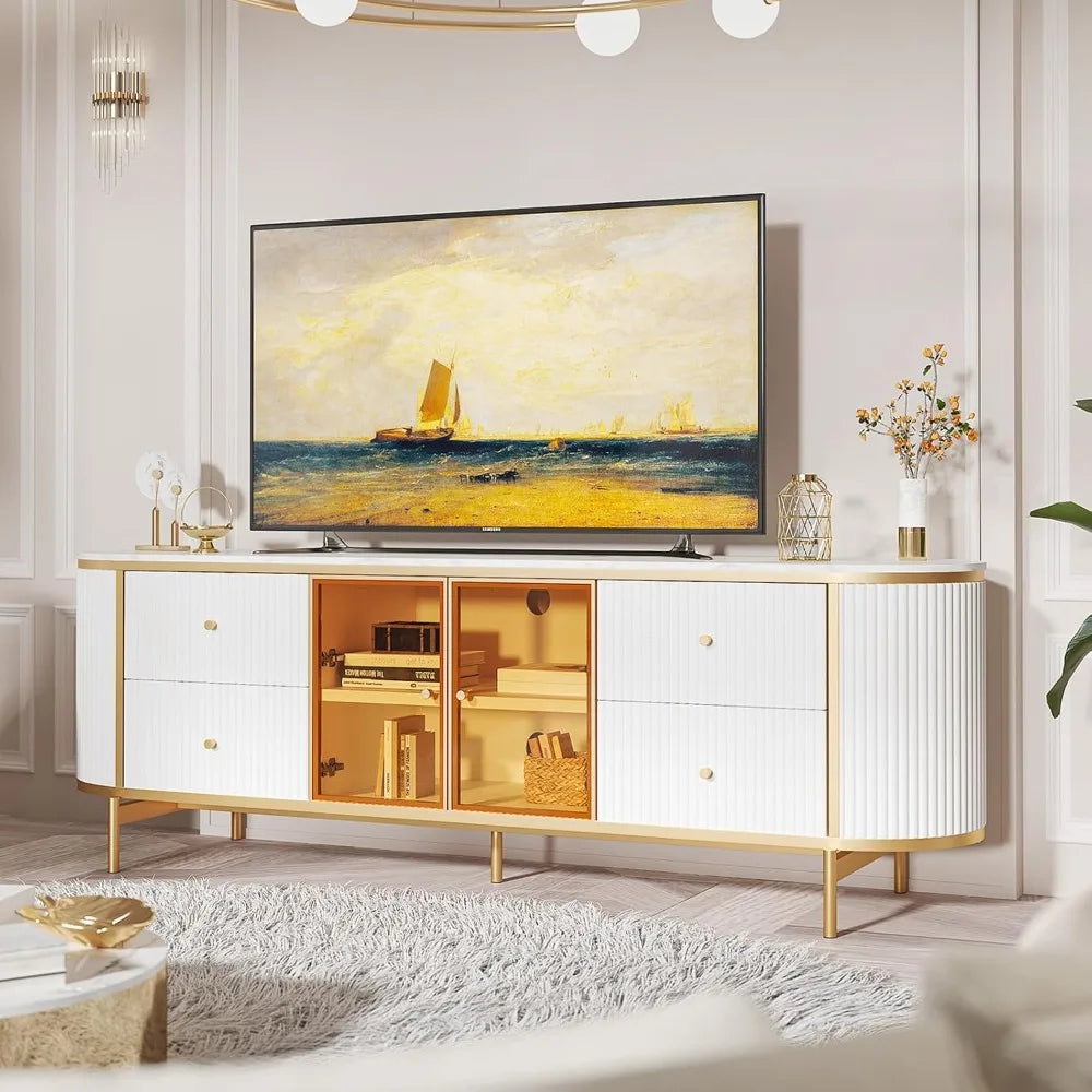 Luxury 70 Inch Fluted TV Stand for TVs Up to 75 Inches Modern Entertainment Center with Faux Marble Top Media Console with Curved Glass Doors
